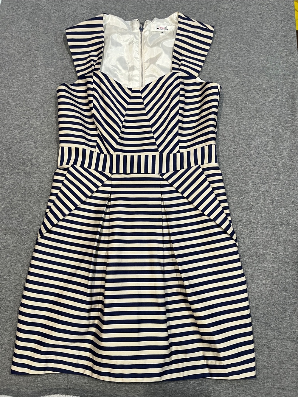 PINK MARTINI navy and tan stripes midi dress with pockets, size M